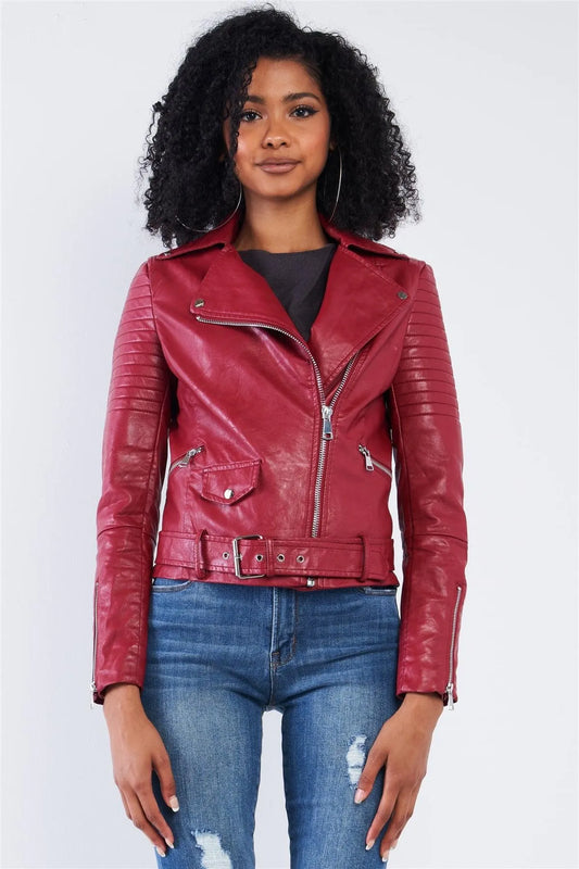 Burgundy Vegan Leather Oblique Zipper Ribbed Shoulder Belted Cropped Moto Jacket /2-2-2 - Tasha Apparel Wholesale