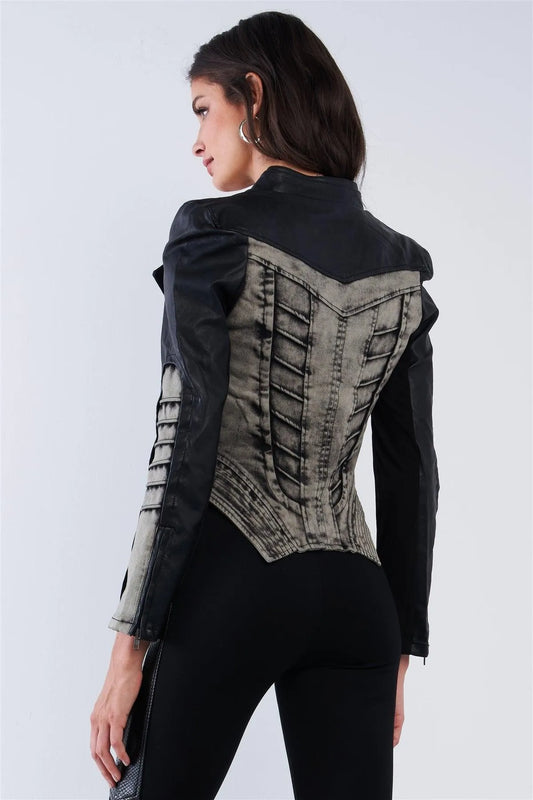 Black And Washed Grey Asymmetrical Ribbed Corset Inspired Oblique Zipper Moto Jacket /2-2 - Tasha Apparel Wholesale
