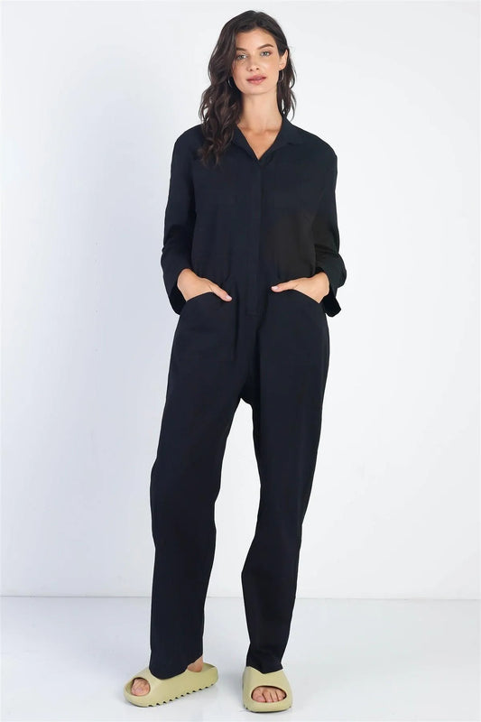 Black Collared Button-Up Long Sleeve Jumpsuit /1-2-2 - Tasha Apparel Wholesale