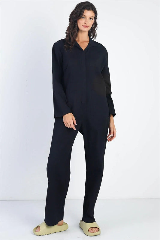 Black Collared Button-Up Long Sleeve Jumpsuit /2-2-2 - Tasha Apparel Wholesale