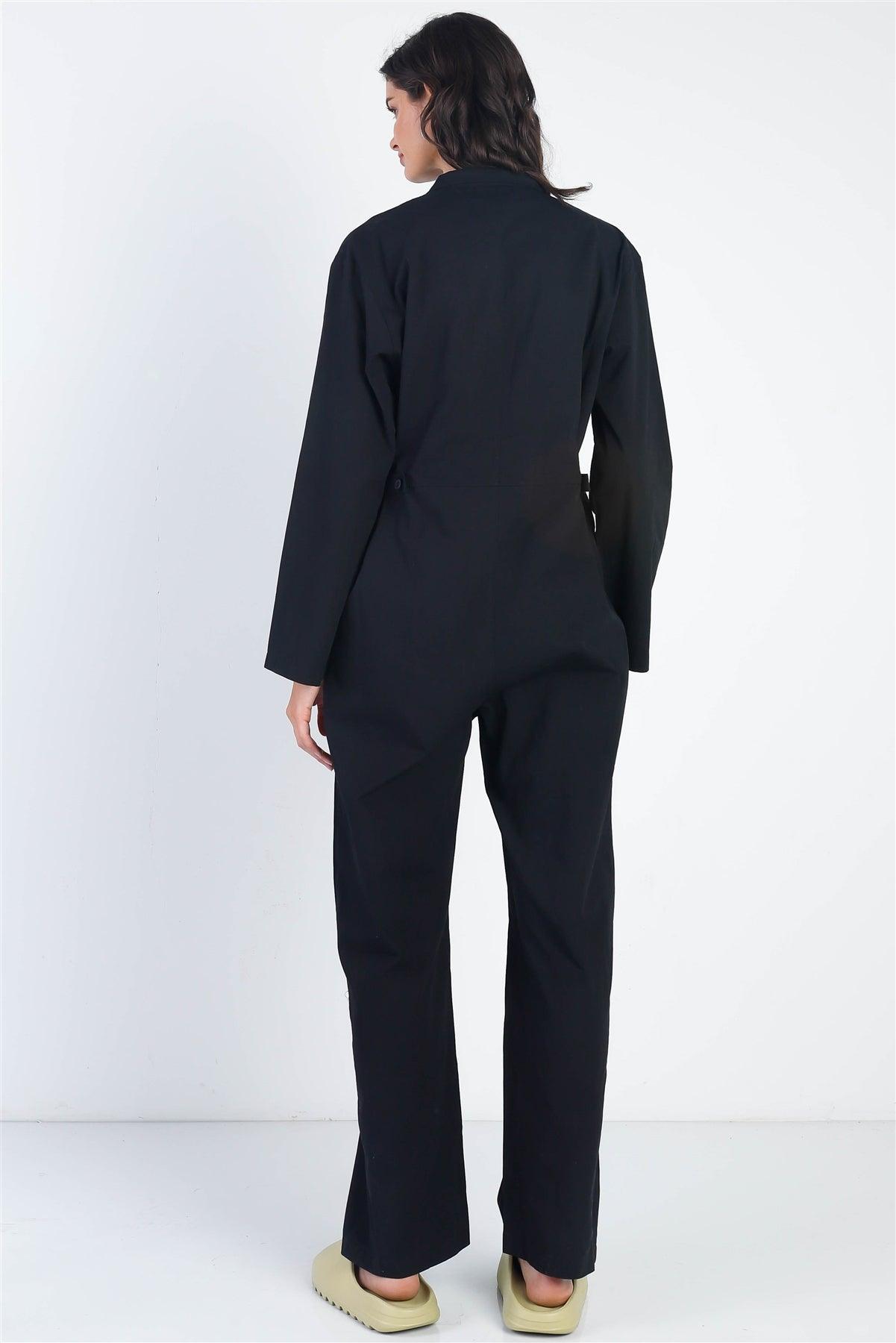 Black Collared Button-Up Long Sleeve Jumpsuit /2-2-2
