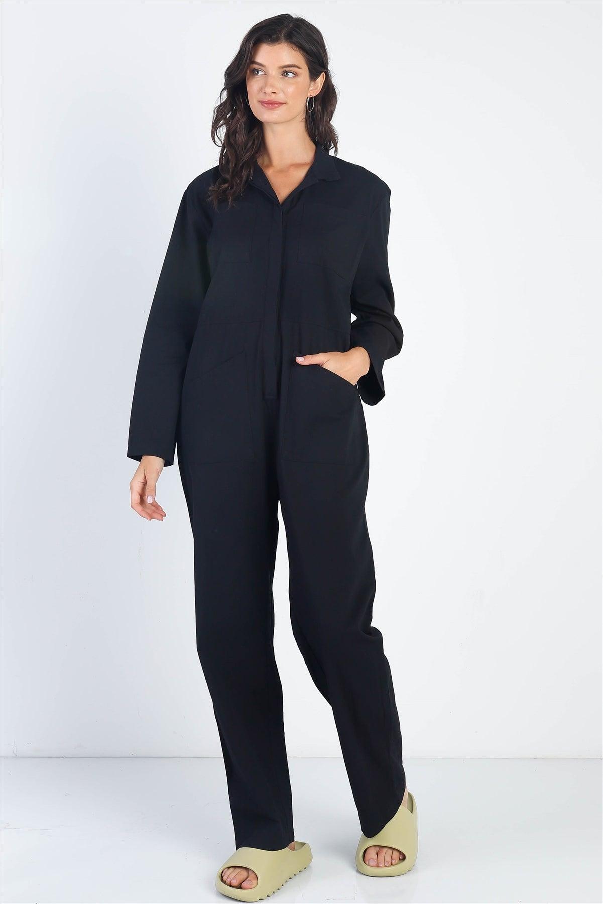 Black Collared Button-Up Long Sleeve Jumpsuit /2-2-2