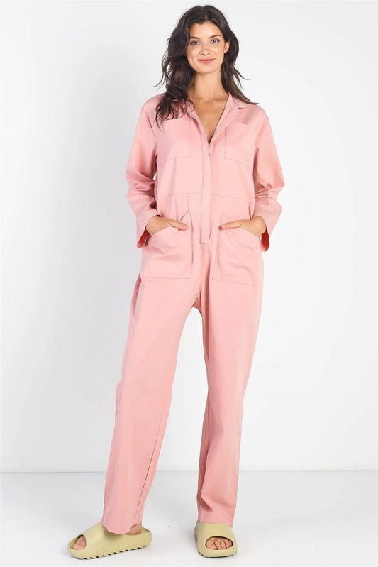 Pink Collar Neck Long Sleeve Jumpsuit /2-2-2 - Tasha Apparel Wholesale