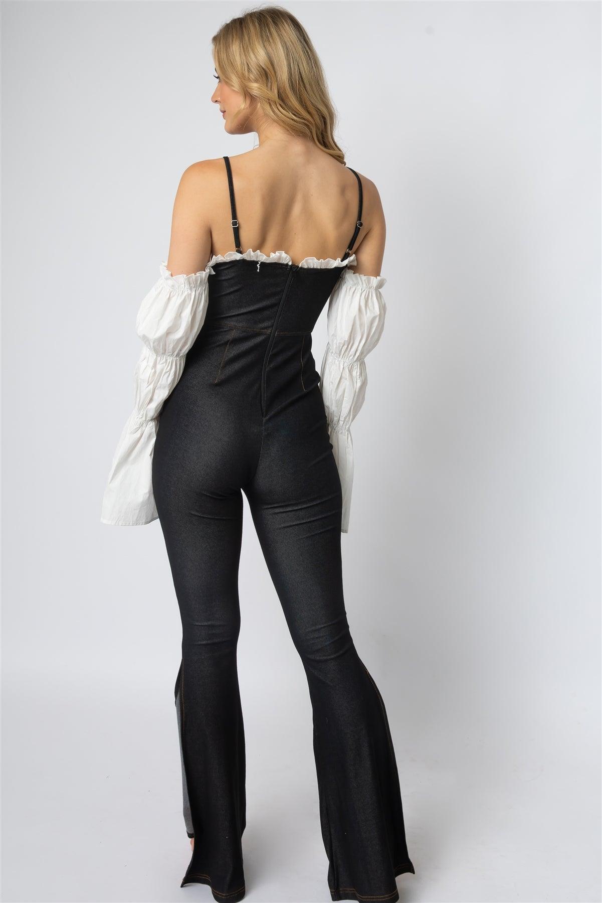 Black Denim Contrast Off-The-Shoulder Lace Down Front Virago Sleeve Flare Leg Jumpsuit /2-2-2