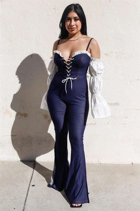 Dark Blue Denim Contrast Off-The-Shoulder Lace Down Front Virago Sleeve Flare Leg Jumpsuit /2-2-2 - Tasha Apparel Wholesale