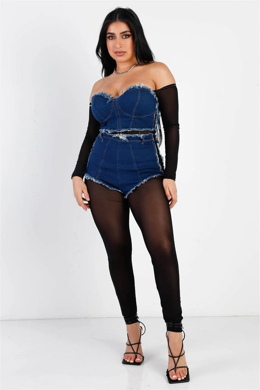 Black Mesh Second Skin & Dark Denim Off-The-Shoulder Raw Trim Long Sleeve Jumpsuit /2-2-2 - Tasha Apparel Wholesale