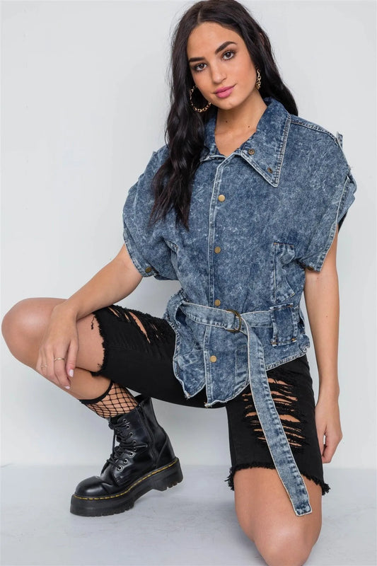 Dark Blue Denim Batwing Snap Button Retro Jacket - Tasha Apparel Wholesale