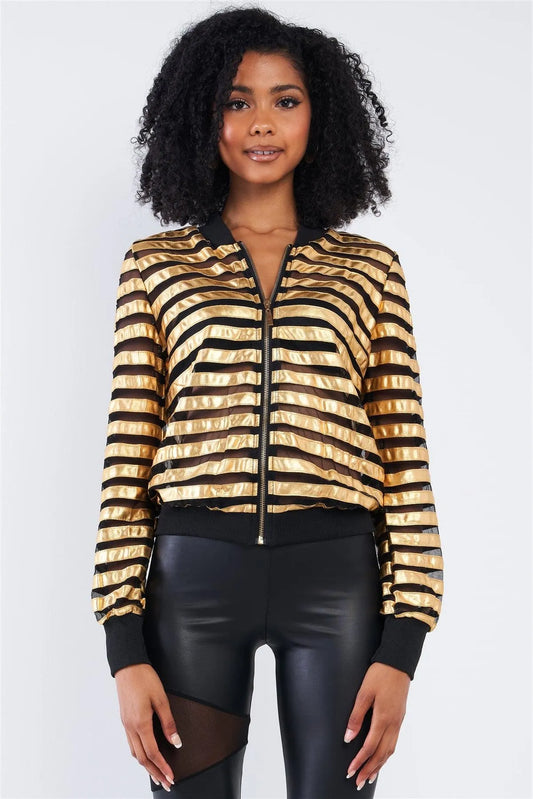 Black And Gold Horizontal Stripe Semi-Sheer Mesh Throw On Jacket /2-2-2 - Tasha Apparel Wholesale