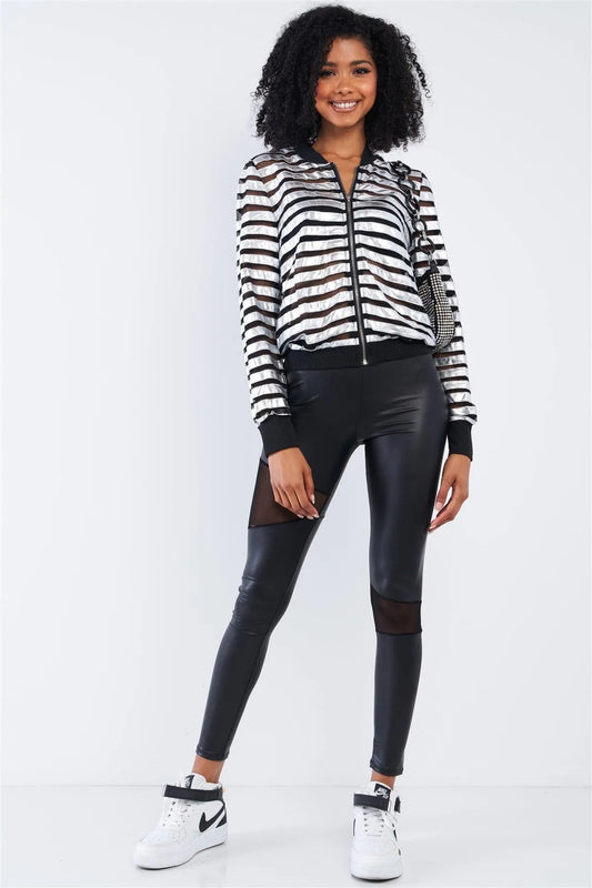 Silver Lining Black And Silver Horizontal Stripe Semi-Sheer Mesh Throw On Jacket /2-2-2 - Tasha Apparel Wholesale