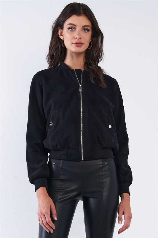 Black Long Sleeve Fleece Zip-Up Bomber Jacket /2-2-2 - Tasha Apparel Wholesale