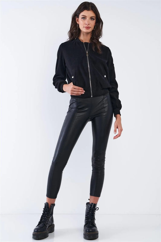 Black Long Sleeve Fleece Zip-Up Bomber Jacket /3-1-2 - Tasha Apparel Wholesale