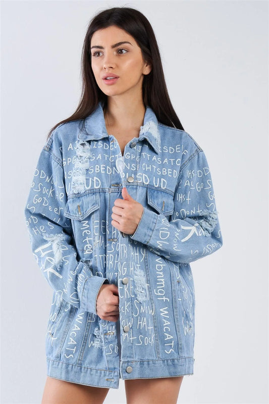 Oversized Graffiti Print Light Denim Jacket /2-2-2 - Tasha Apparel Wholesale