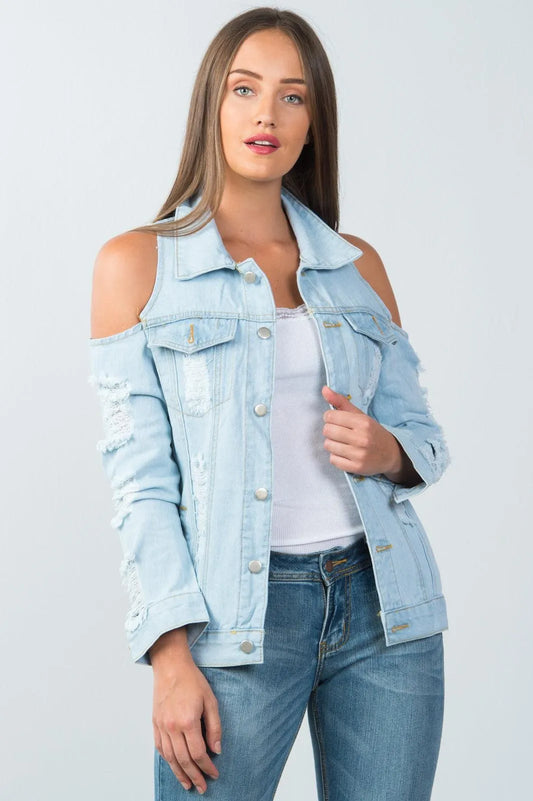 Light Blue Cold Shoulder Denim Jacket / 2-2-2 - Tasha Apparel Wholesale