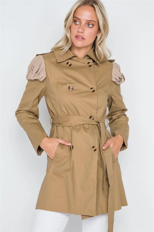 Khaki Double Breasted Long Sleeve Trench Coat /2-2-2 - Tasha Apparel Wholesale