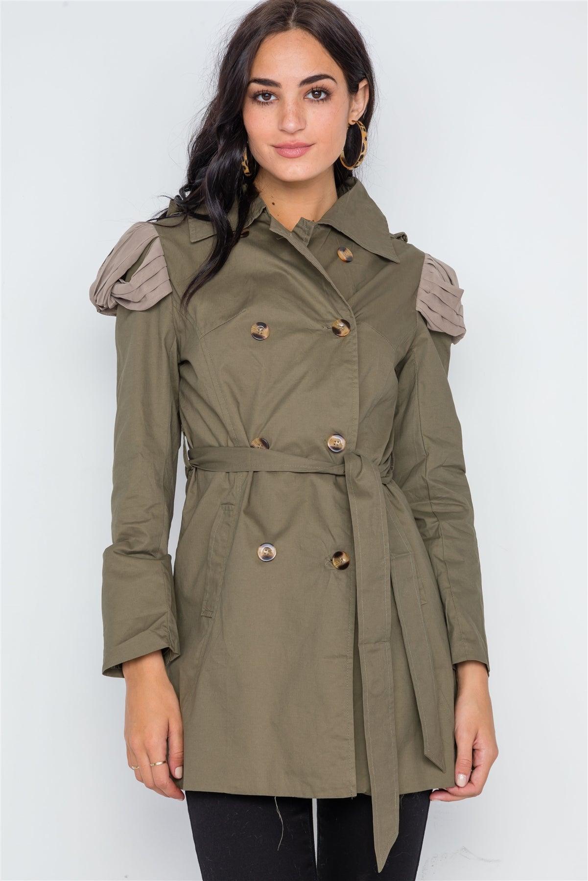 Olive Double Breasted Long Sleeve Trench Coat /2-2-2