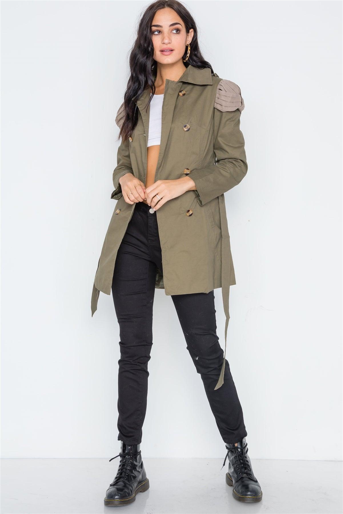Olive Double Breasted Long Sleeve Trench Coat /2-2-2