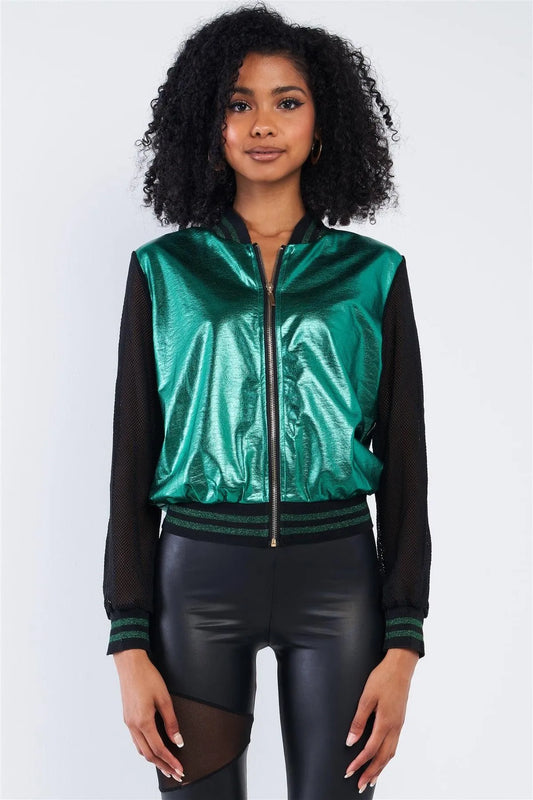 Shiny Green 1980's Inspired Metallic Rave Net Long Sleeve Bomber Jacket /2-2-2 - Tasha Apparel Wholesale