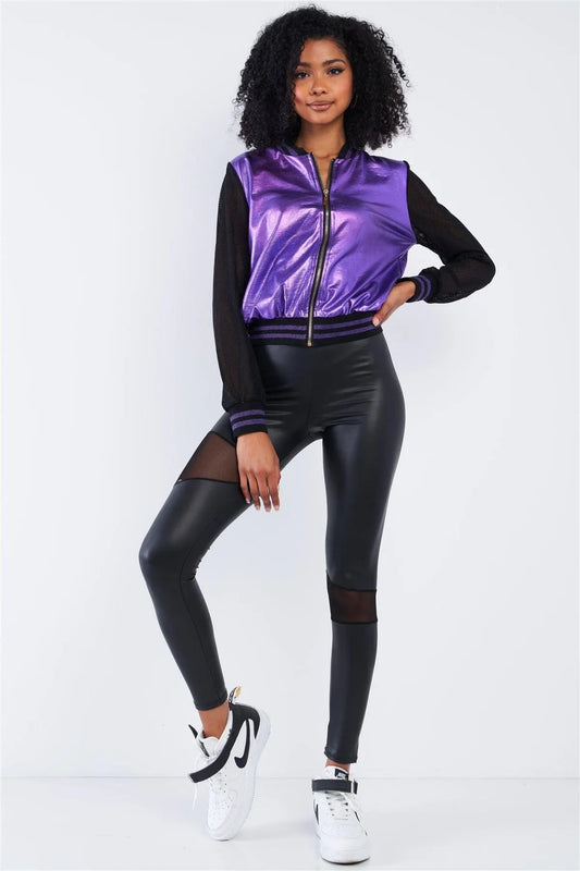 Purple Rain 1980's Inspired Metallic Rave Net Long Sleeve Bomber Jacket /2-2-2 - Tasha Apparel Wholesale