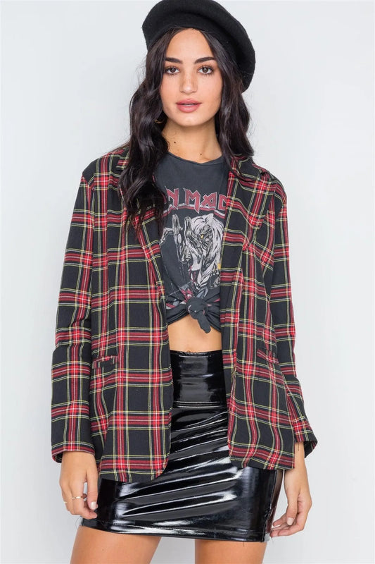 Black Plaid Open Front Long Sleeve Blazer /2-2-2 - Tasha Apparel Wholesale