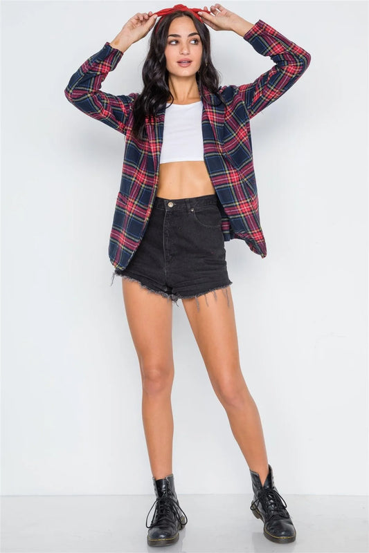 Navy Plaid Open Front Long Sleeve Blazer /2-3-2 - Tasha Apparel Wholesale