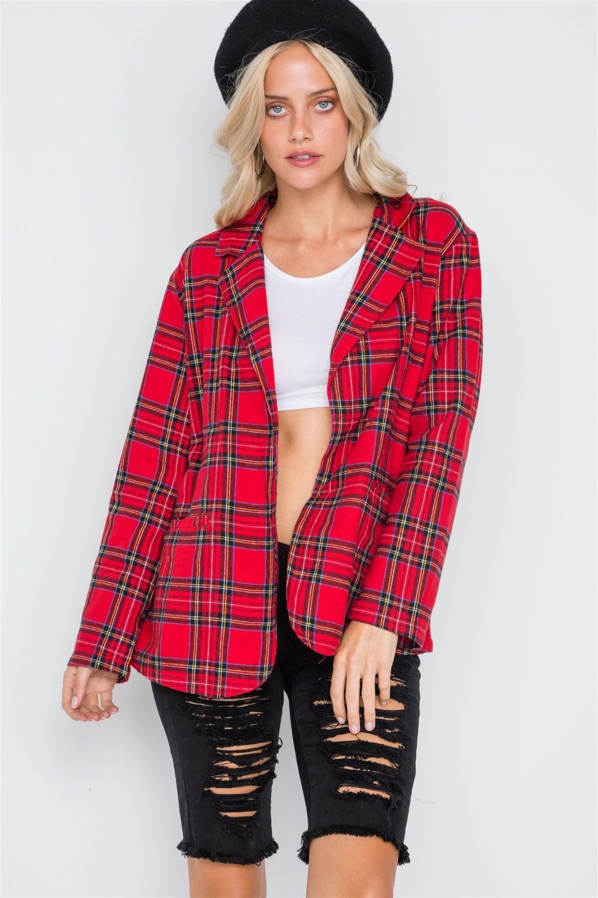 Red Plaid Open Front Long Sleeve Blazer /2-1
