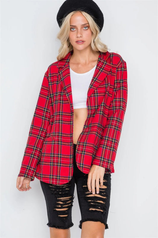 Red Plaid Open Front Long Sleeve Blazer /2-1 - Tasha Apparel Wholesale