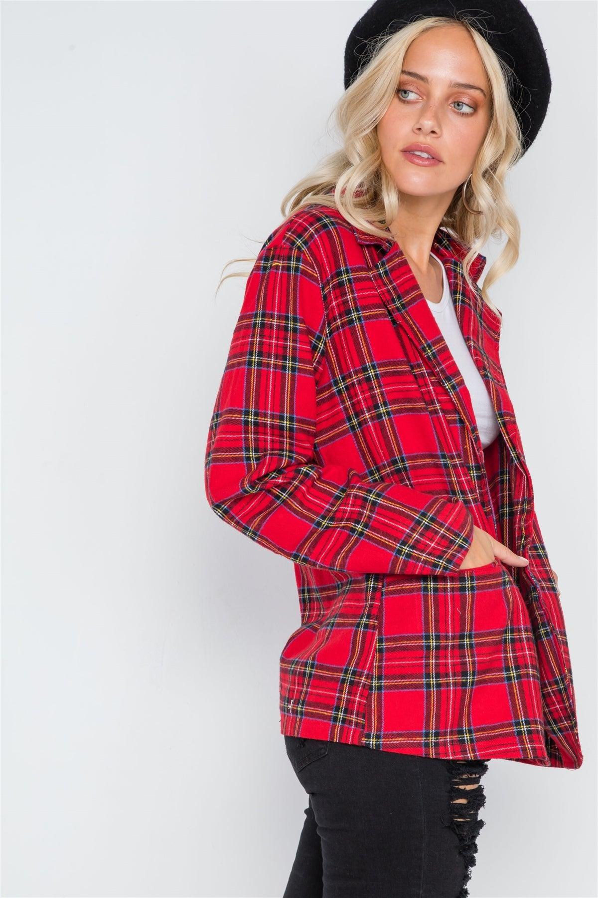 Red Plaid Open Front Long Sleeve Blazer /2-1
