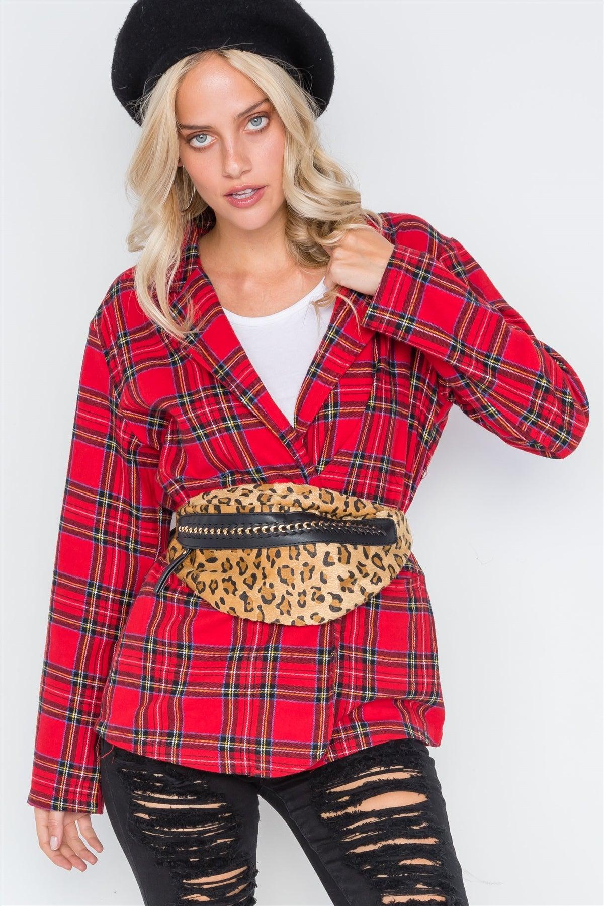 Red Plaid Open Front Long Sleeve Blazer /2-2-2