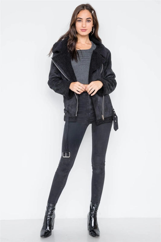 Black Faux Fur Moto Zip-Front Jacket /1-2-2 - Tasha Apparel Wholesale