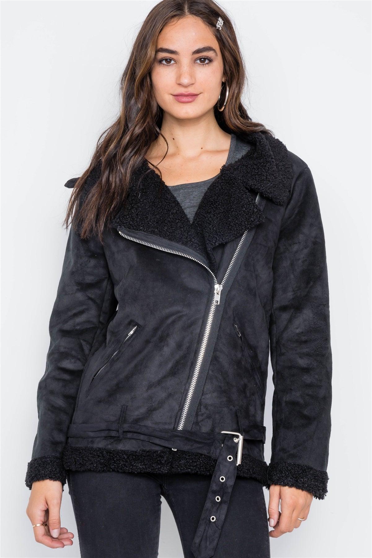 Black Faux Fur Moto Zip-Front Jacket /1-2-2