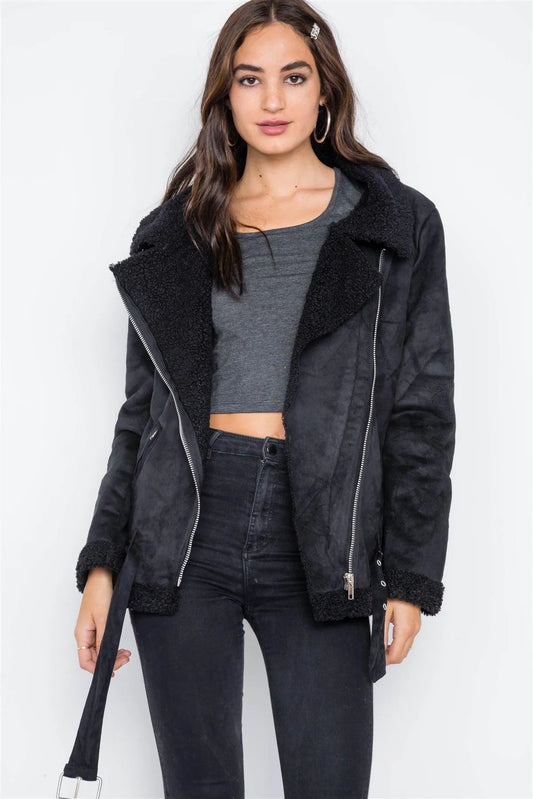 Black Faux Fur Moto Zip-Front Jacket /2-2-2 - Tasha Apparel Wholesale