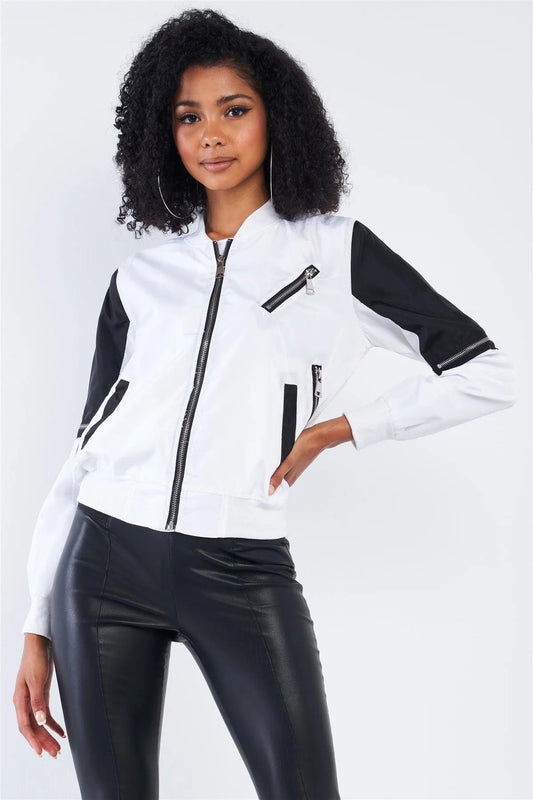 White Black Long Sleeve Bomber Zip-Up Jacket /2-2-2 - Tasha Apparel Wholesale