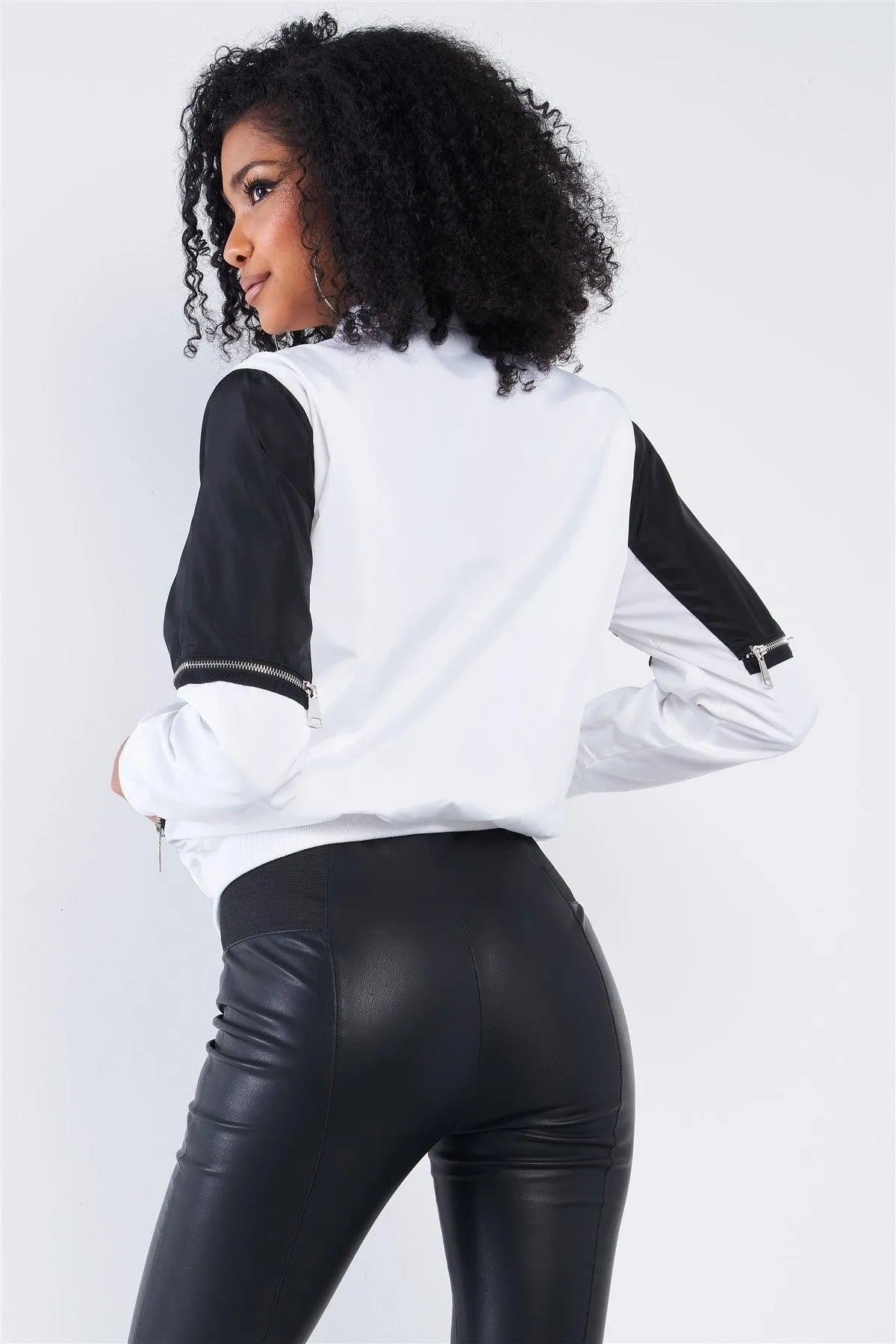 White Black Long Sleeve Bomber Zip-Up Jacket /2-2-2 - Tasha Apparel Wholesale