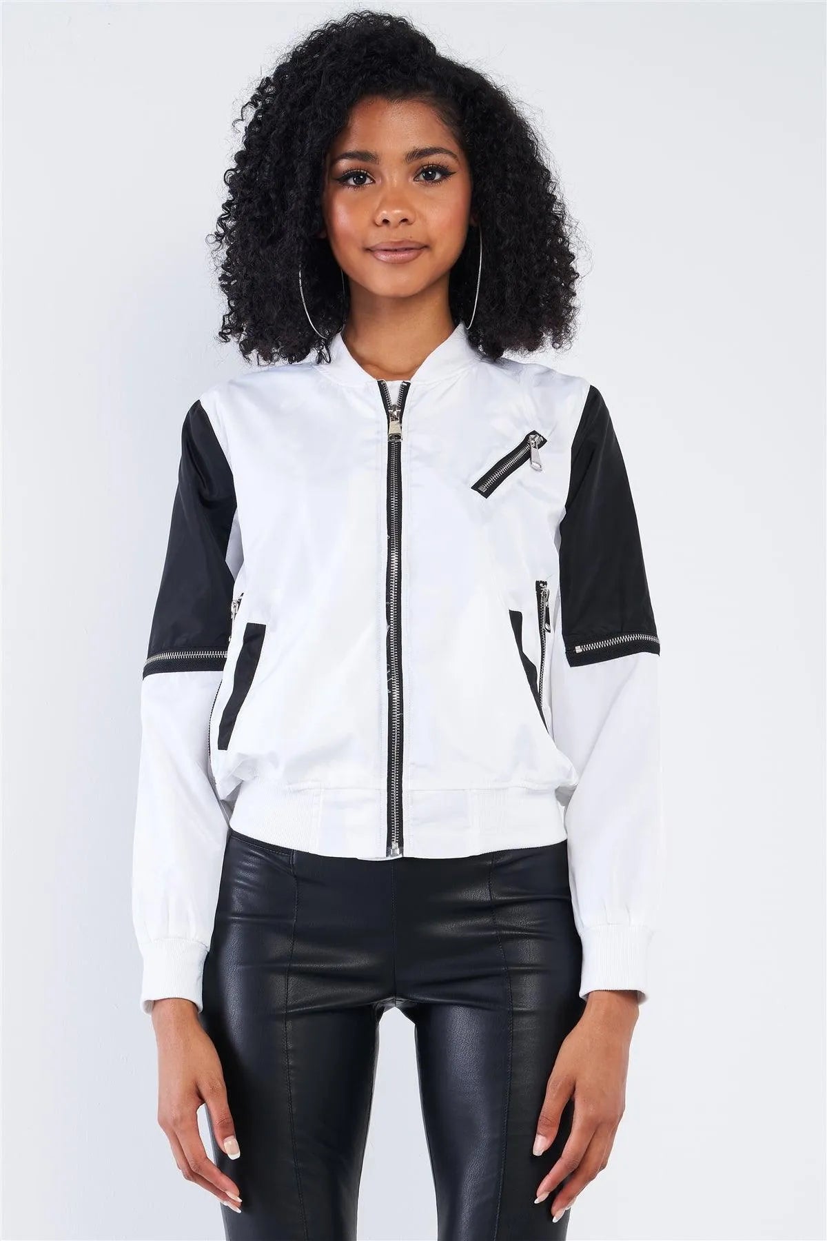 White Black Long Sleeve Bomber Zip-Up Jacket /2-2-2 - Tasha Apparel Wholesale