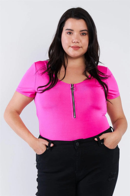 Fuchsia Pink Plus Size Front Zip Short Sleeve Bodysuit /2-2 - Tasha Apparel Wholesale