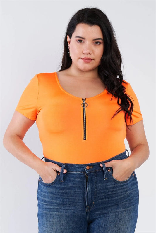 Junior Plus Size Neon Orange Front Zipper Short Sleeves Bodysuit /2-2-2 - Tasha Apparel Wholesale