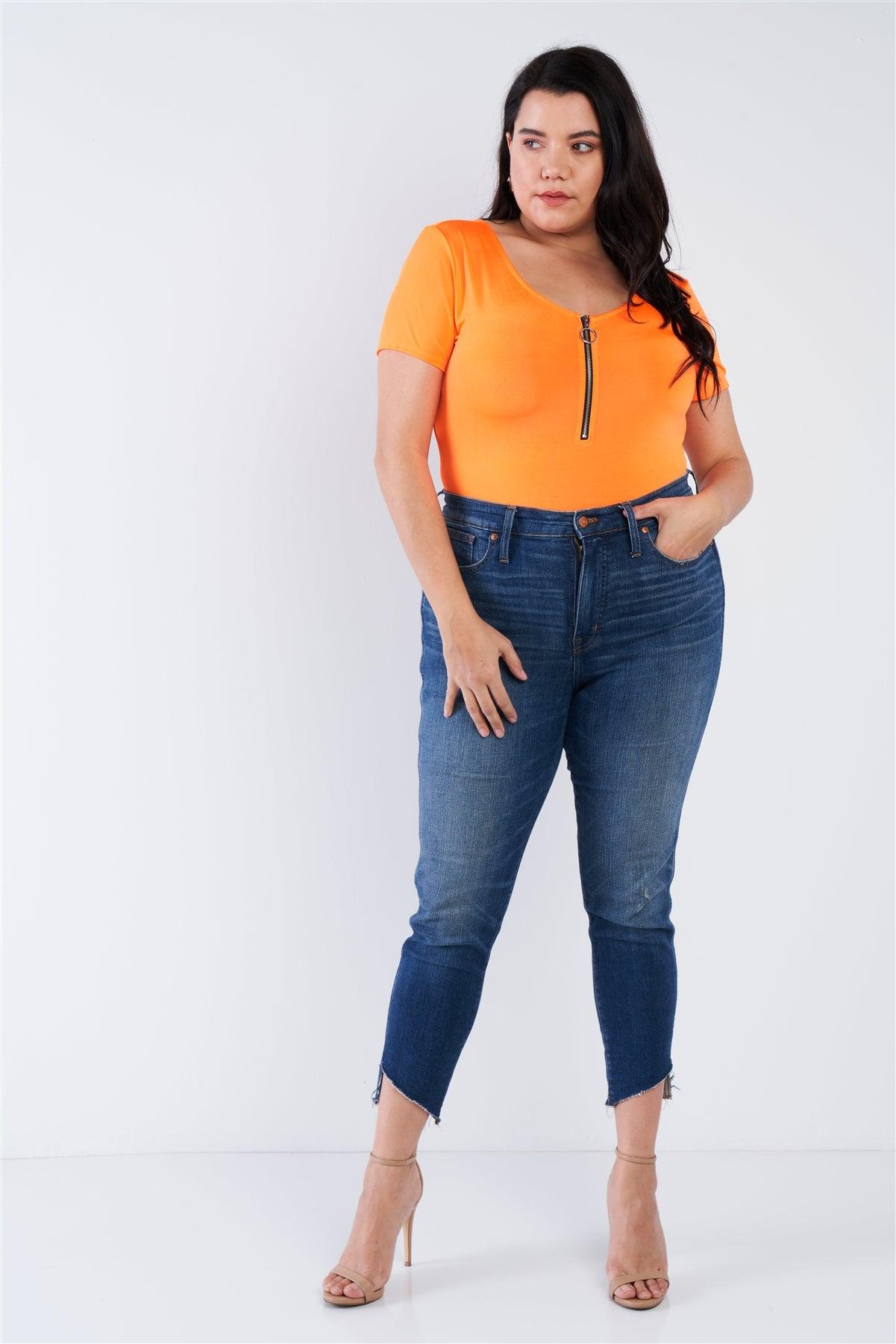 Junior Plus Size Neon Orange Front Zipper Short Sleeves Bodysuit /2-2-2
