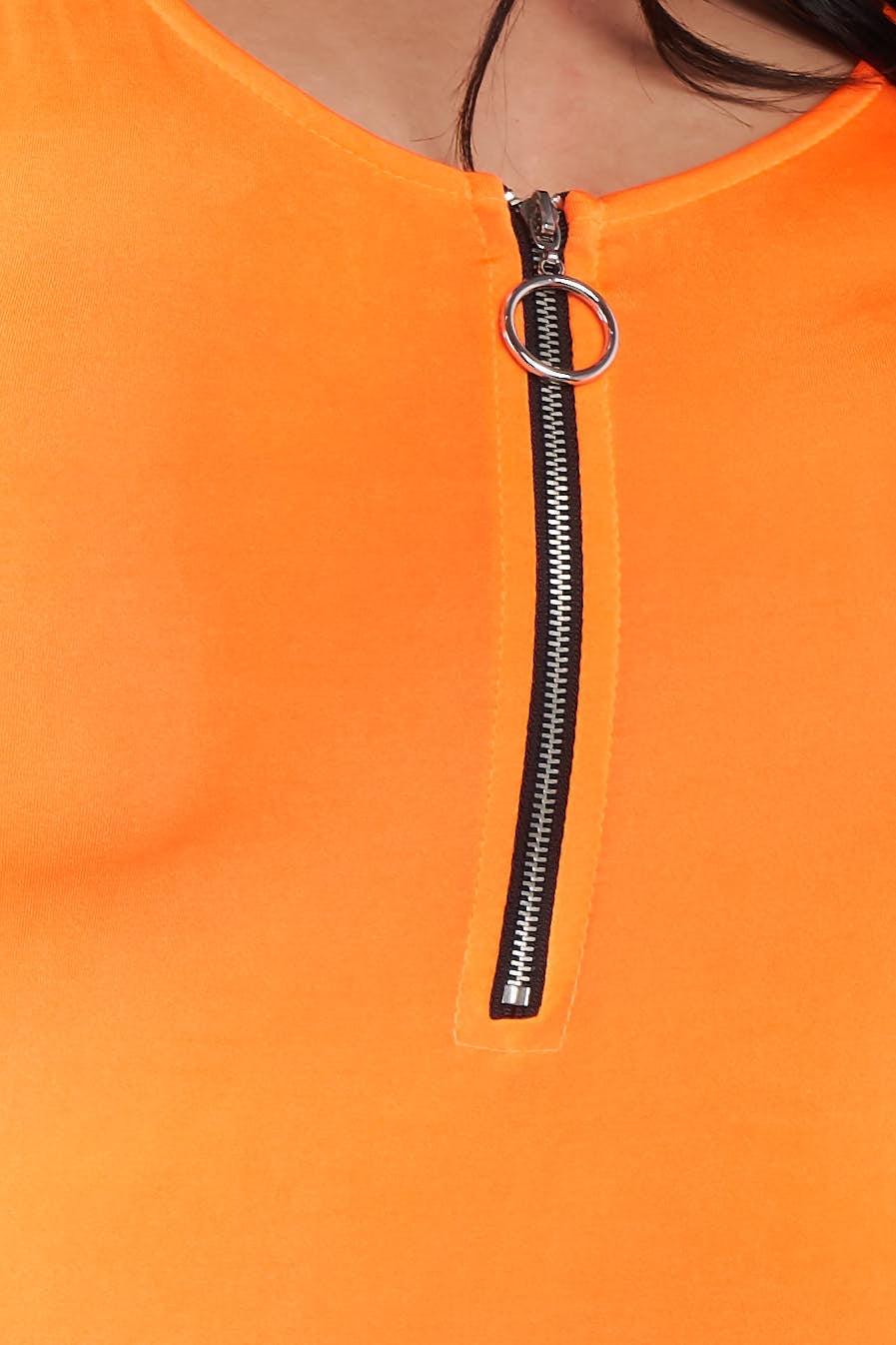 Junior Plus Size Neon Orange Front Zipper Short Sleeves Bodysuit /2-2-2