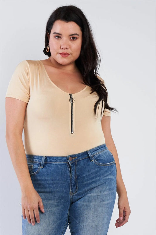 Junior Plus Size Nude Front Zipper Short Sleeves Bodysuit /2-2-2 - Tasha Apparel Wholesale