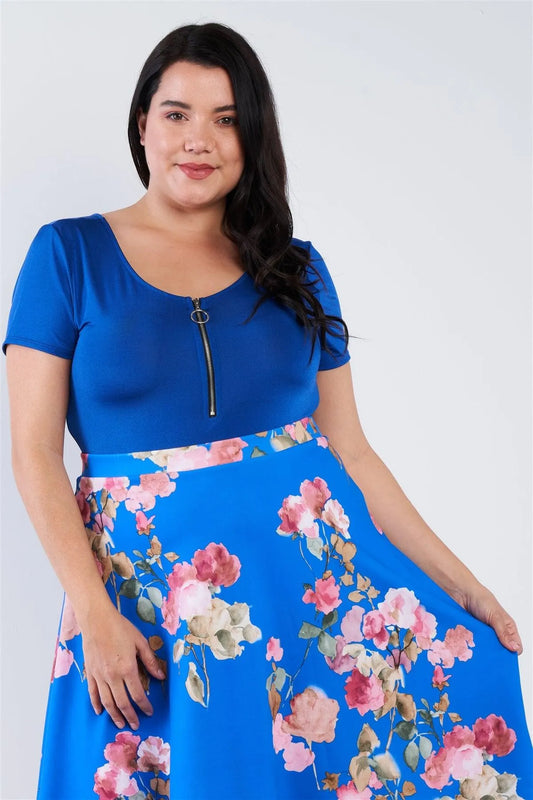 Junior Plus Size Royal Blue Front Zipper Short Sleeves Bodysuit /2-2-2 - Tasha Apparel Wholesale