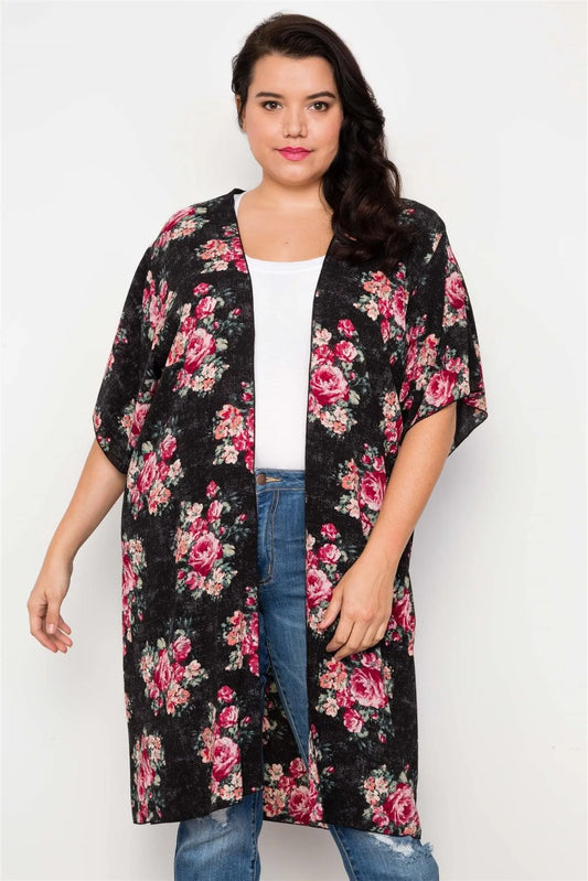 Plus Size Black Floral Print Boho Short Sleeve Cardigan /2-2-2 - Tasha Apparel Wholesale