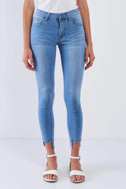 Light Blue Wash Asymmetrical Fringe Hem Jean Pants /1-2-2-2-2-2-2-1 - Tasha Apparel Wholesale