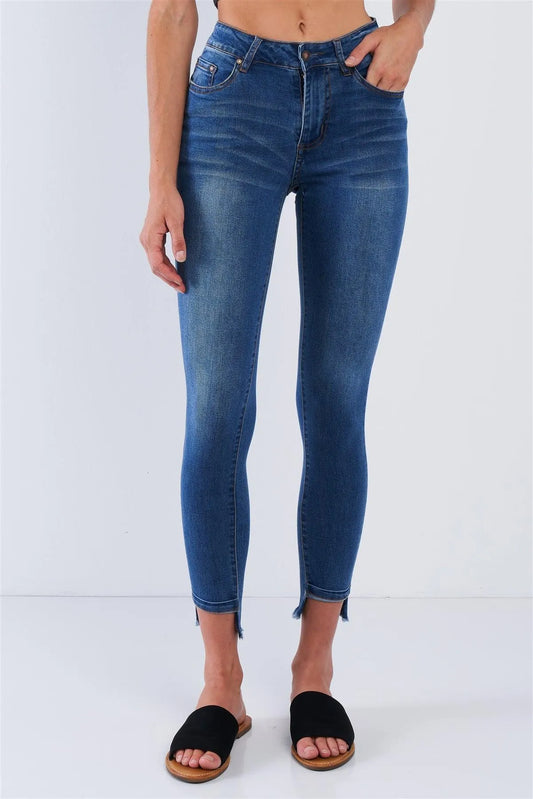 Medium Wash Asymmetrical Fringe Hem Jean Pants /1-2-2-2-2-2-2-1 - Tasha Apparel Wholesale