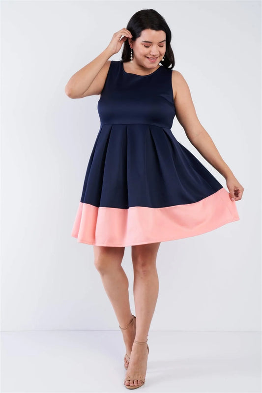 Junior Plus Size Navy Pleated Colorblock Mini Dress /1-2-3 - Tasha Apparel Wholesale