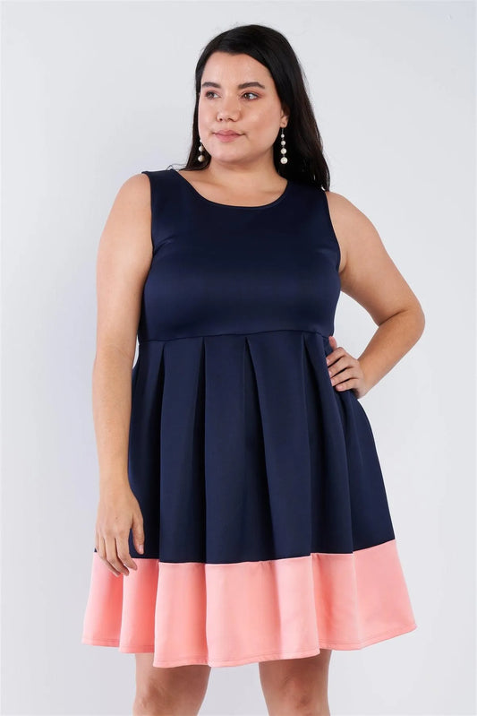 Junior Plus Size Navy Pleated Colorblock Mini Dress /1-2-3-1 - Tasha Apparel Wholesale