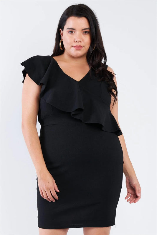 Junior Plus Size Black Ruffled Wrap Dress /2-2-2 - Tasha Apparel Wholesale