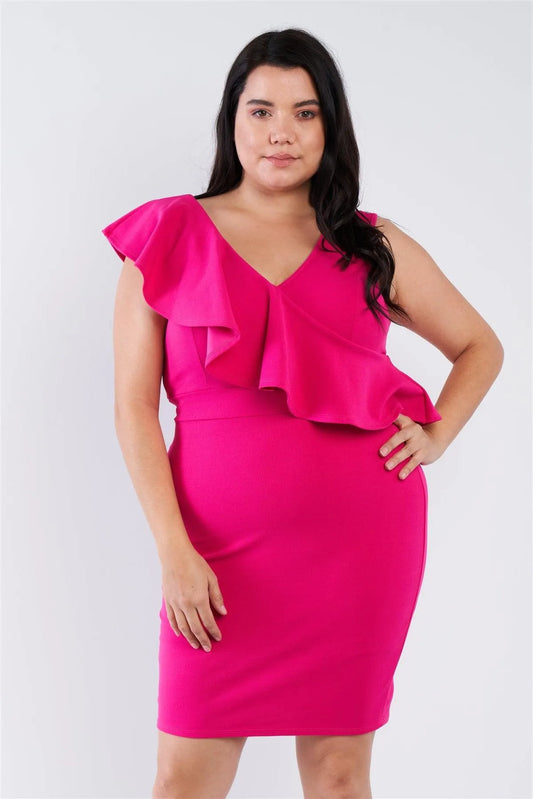 Junior Plus Size Fuchsia Ruffled Wrap Dress /2-2-2 - Tasha Apparel Wholesale