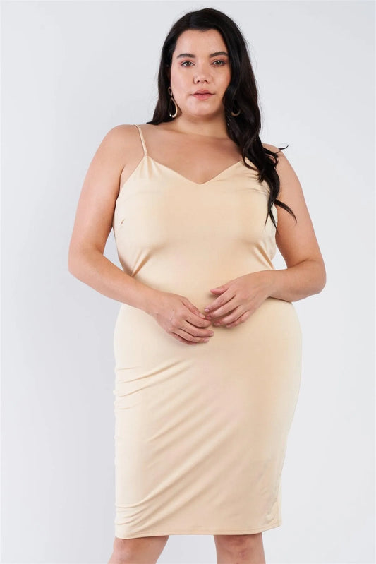 Junior Plus Size Nude V-Neck Solid Cami Satin Mini Dress /3-3 - Tasha Apparel Wholesale
