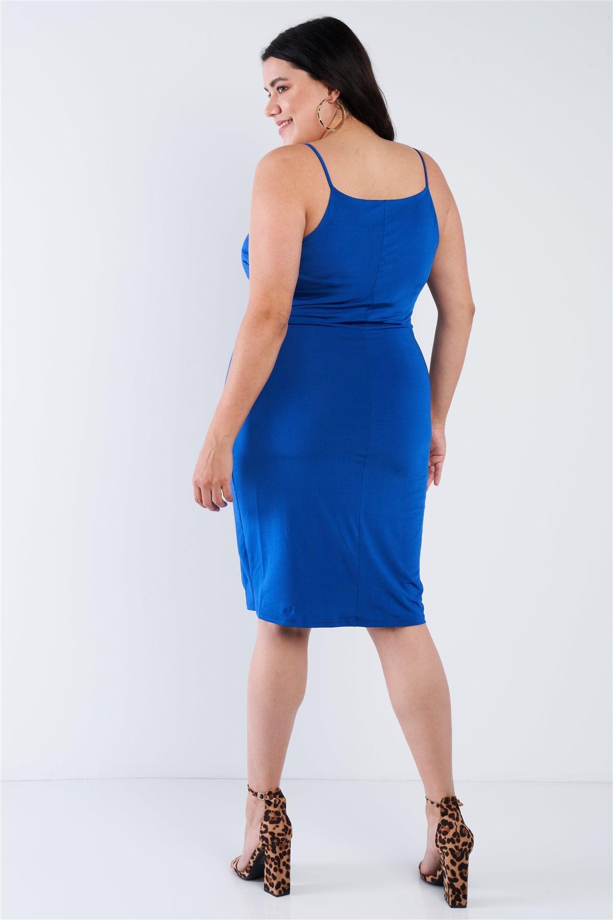 Junior Plus Size Royal Blue V-Neck Solid Cami Satin Mini Dress   /2-2