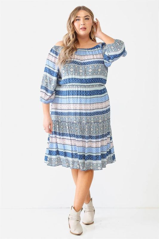 Junior Plus Blue Combo Printed Textured Ruffle Flare Hem Mini Dress /2-2-1 - Tasha Apparel Wholesale